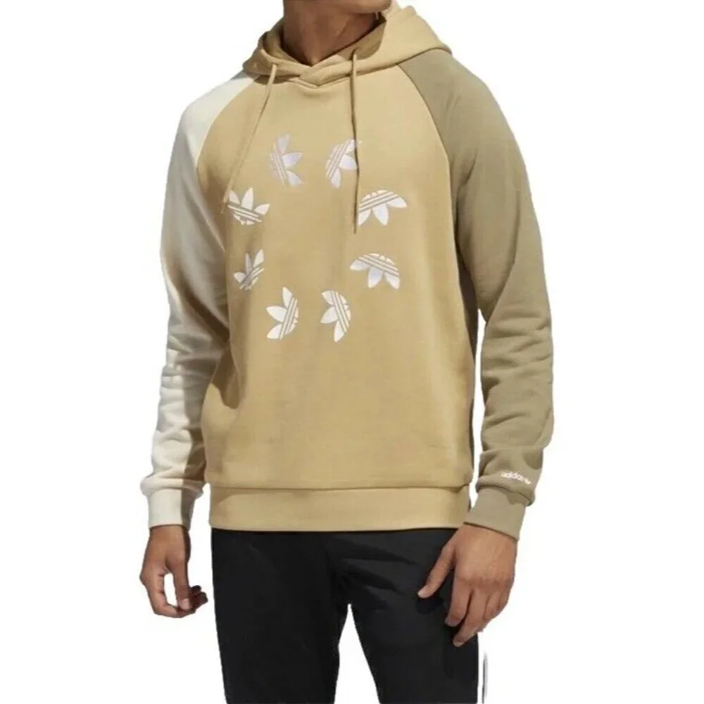 Adidas Men's Sz M Blocked Bold Hoodie Beige Pullover Trefoil Logo (HE0075)